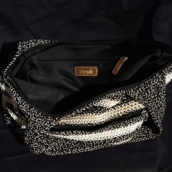 The Sak Crochet Stripped Cream Casual & Black Double Handle Women's Shoulder Bag - Picture 6 of 10